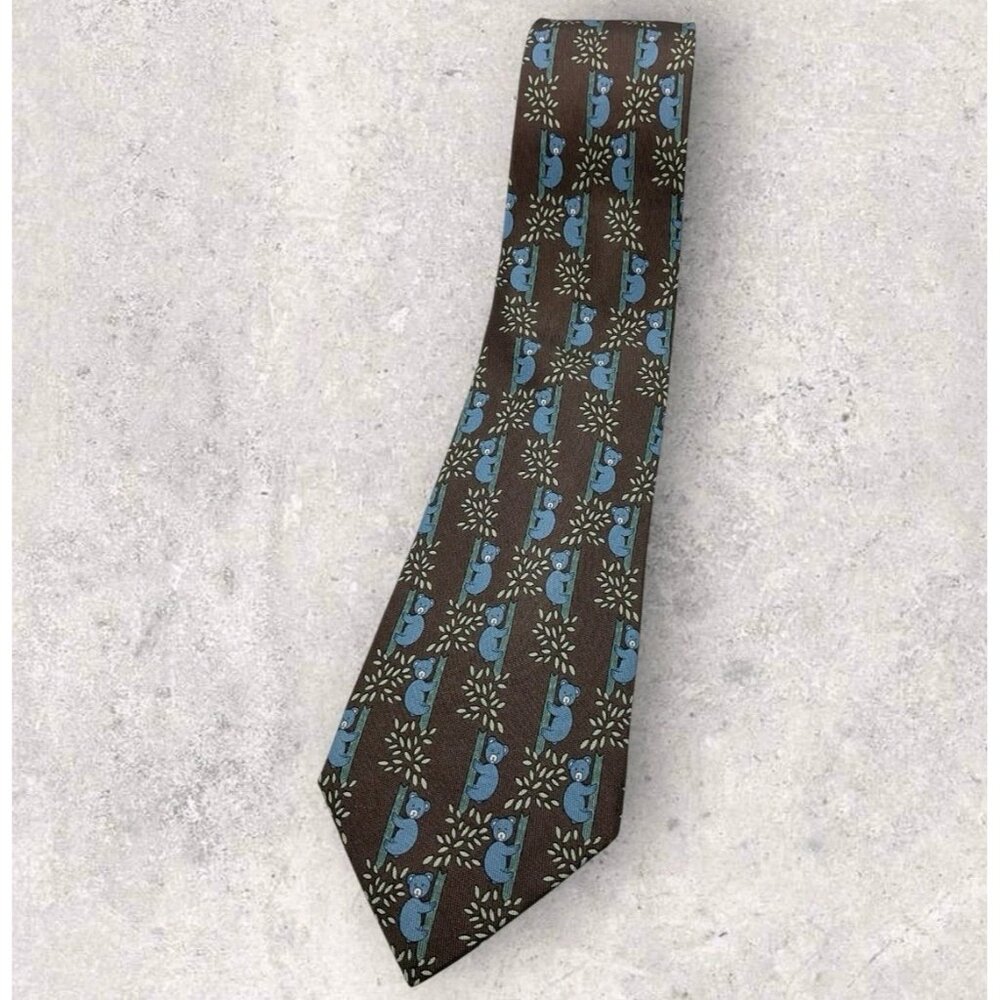 HERMÈS 7282 MA Silk Tie FRANCE Brown Blue Koala Tree W:3.4" EUC